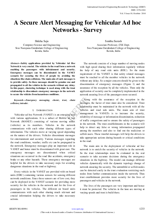 (PDF) A Secure Alert Messaging for Vehicular Ad Hoc Networks - Survey