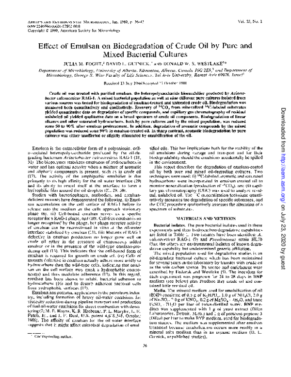 (PDF) Effect of Emulsan on Biodegradation of Crude Oil by Pure and ...