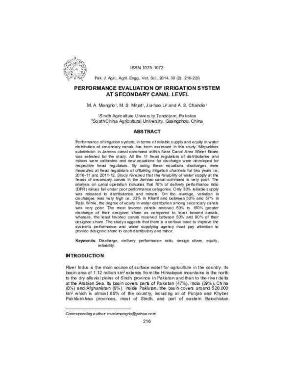 (PDF) Performance Evaluation of Irrigation System at Secondary Canal Level
