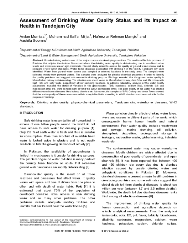 (PDF) Assessment of Drinking Water Quality Status and its Impact on ...
