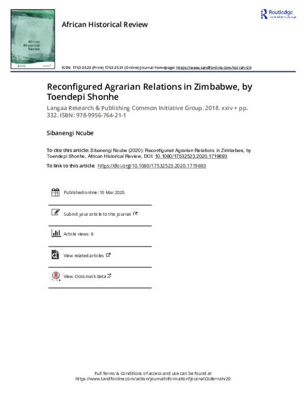 (PDF) Reconfigured Agrarian Relations in Zimbabwe, by Toendepi Shonhe