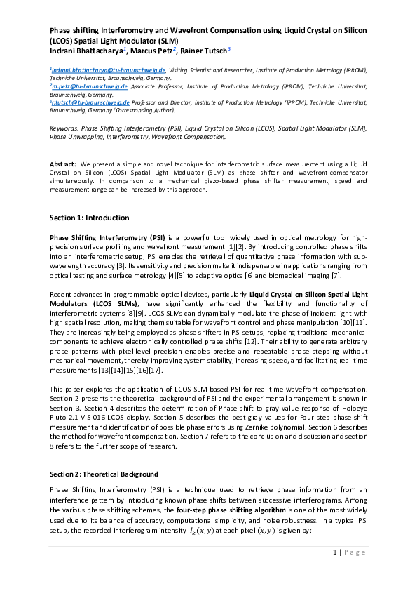 (PDF) Phase shifting Interferometry and Wavefront Compensation using ...