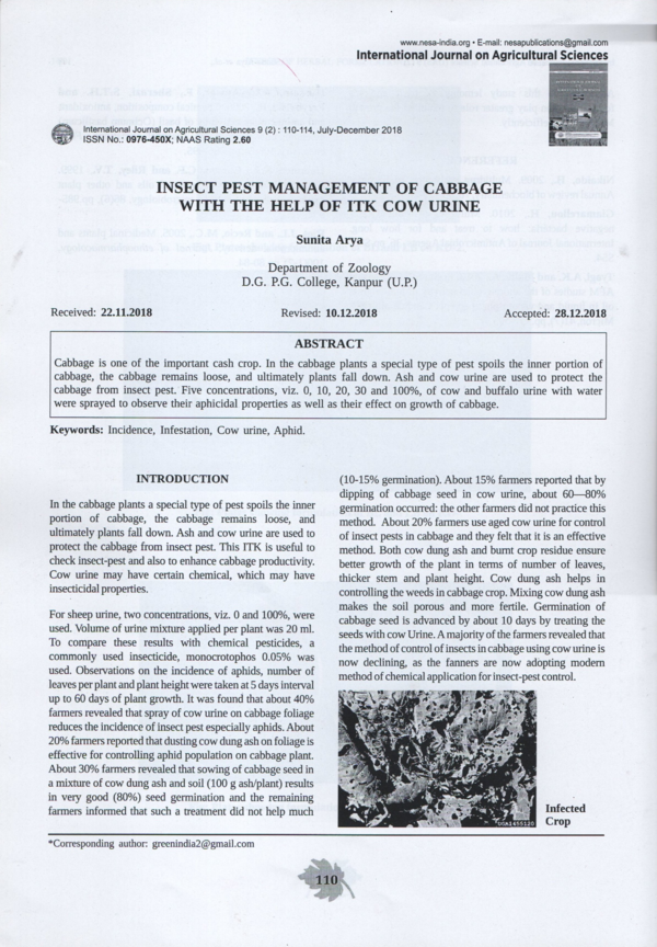 (PDF) Insect Pest Management of Cabbage with the help of ITK Cow Urine