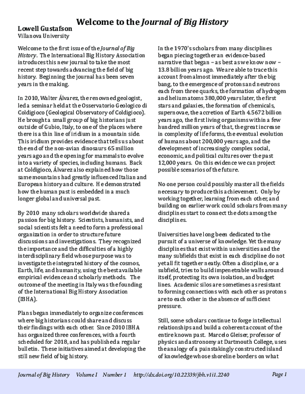 (PDF) Welcome to the first issue of the Journal of Big History