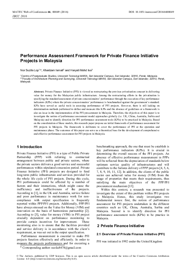(PDF) Performance Assessment Framework for Private Finance Initiative ...
