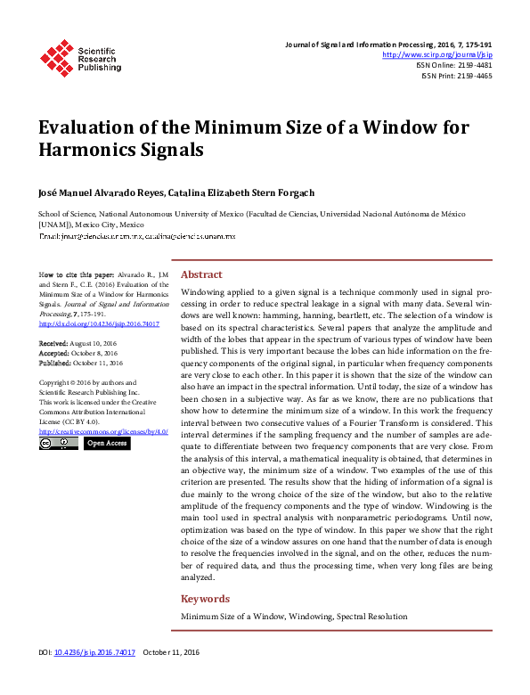 (PDF) Evaluation of the Minimum Size of a Window for Harmonics Signals