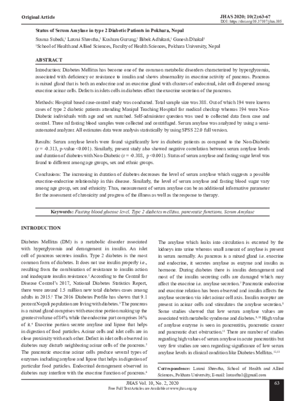 (PDF) The Status of Serum Amylase among type 2 Diabetes Patients in Pokhara