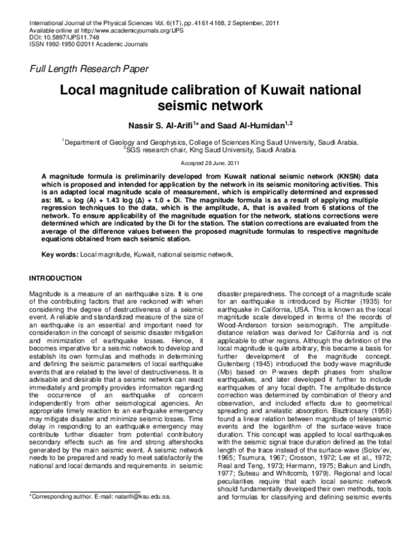 (PDF) Local magnitude calibration of Kuwait national seismic network