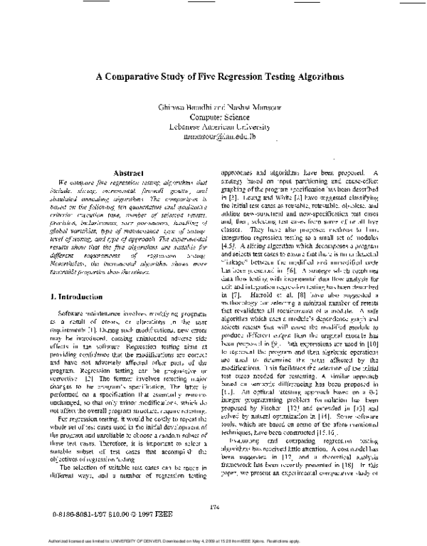(PDF) A comparative study of five regression testing algorithms