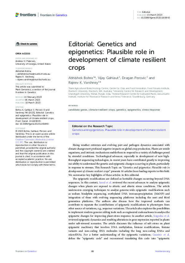(PDF) Editorial: Genetics and epigenetics: Plausible role in ...