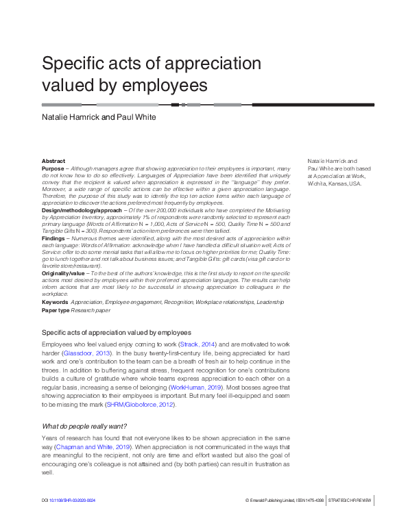 (PDF) Specific acts of appreciation valued by employees