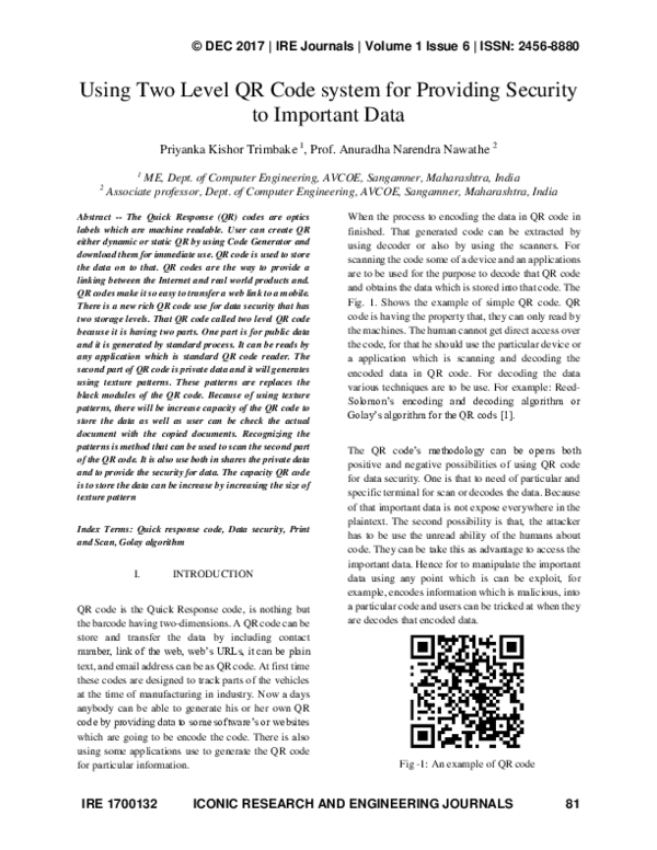 (PDF) Using Two Level QR Code system for Providing Security to ...