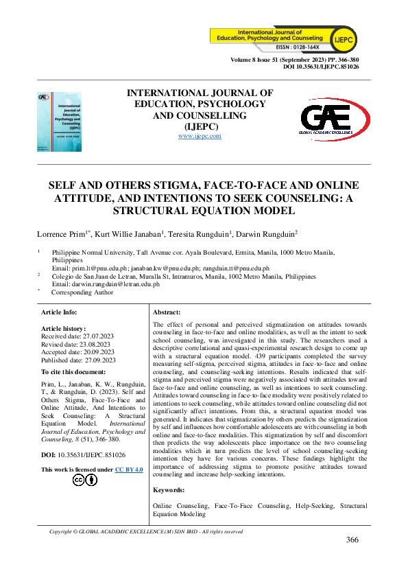 (PDF) Self and Others Stigma, Face-To-Face and Online Attitude, and ...