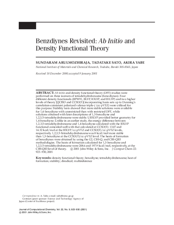 (PDF) Benzdiynes revisited: ab initio and density functional theory