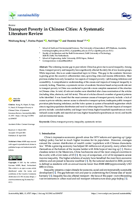 (PDF) Transport Poverty in Chinese Cities: A Systematic Literature Review