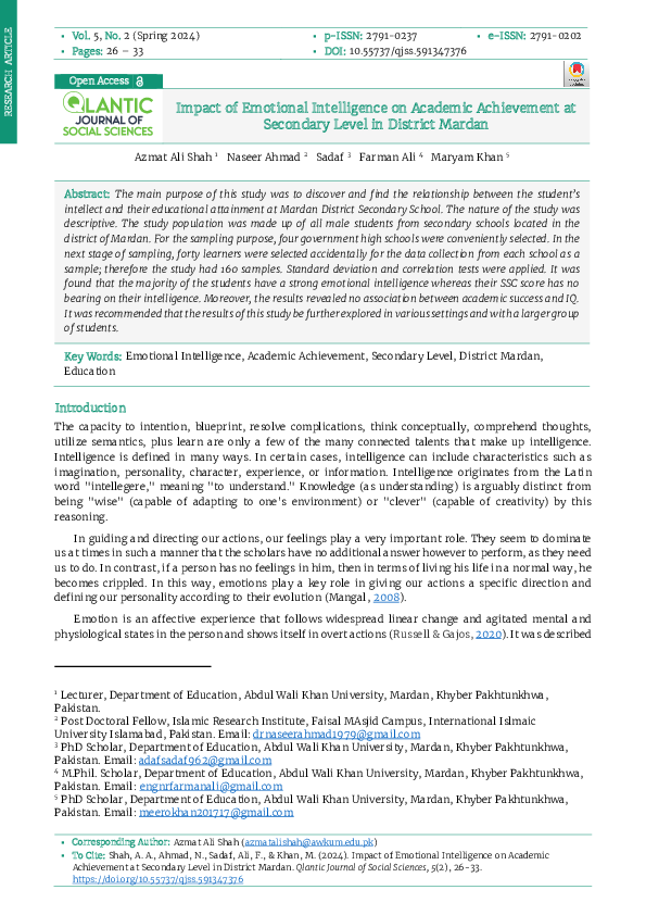 (PDF) Impact of Emotional Intelligence on Academic Achievement at ...