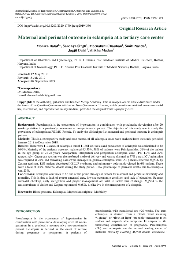 (PDF) Maternal and perinatal outcome in eclampsia at a tertiary care center