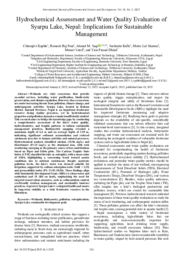 (PDF) Hydrochemical Assessment and Water Quality Evaluation of Syarpu ...