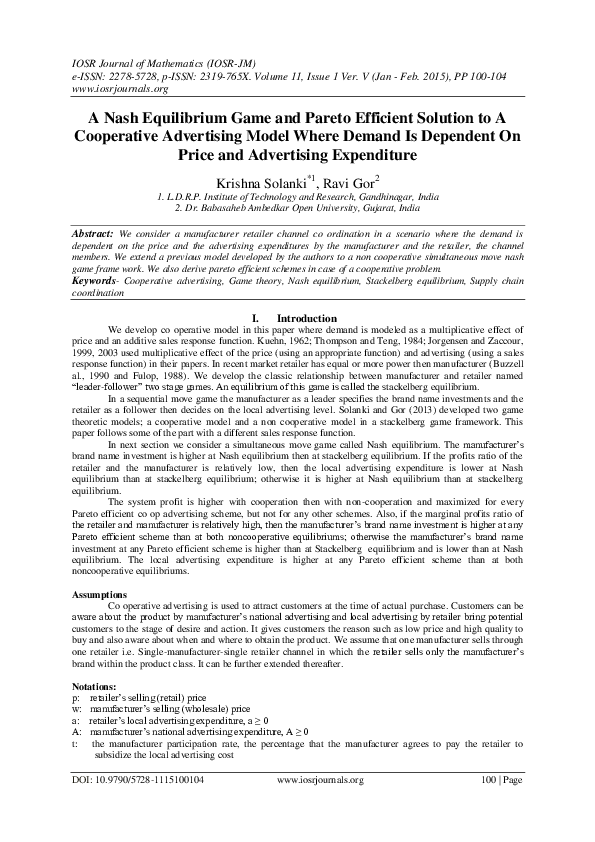 (PDF) A Nash Equilibrium Game and Pareto Efficient Solution to A ...