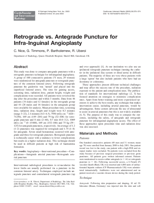 (PDF) Retrograde vs. Antegrade Puncture for Infra-Inguinal Angioplasty