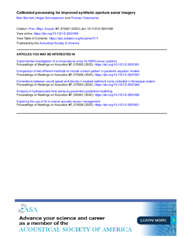 (PDF) Calibrated processing for improved synthetic aperture sonar imagery