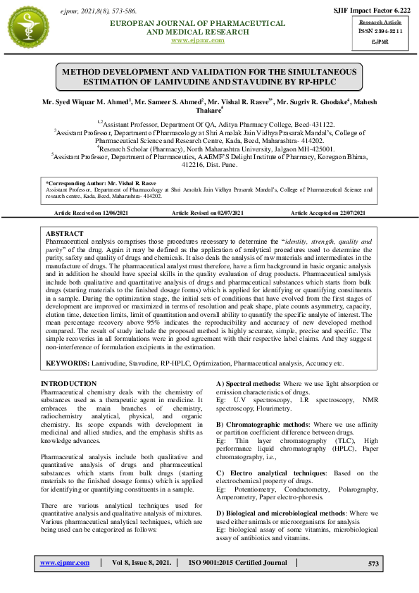 (PDF) METHOD DEVELOPMENT AND VALIDATION FOR THE SIMULTANEOUS ESTIMATION ...
