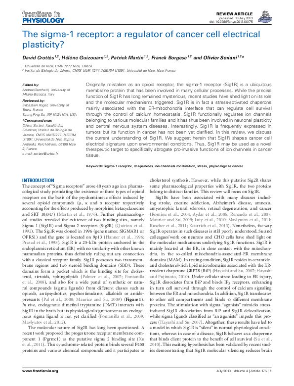 (PDF) The sigma-1 receptor: a regulator of cancer cell electrical ...