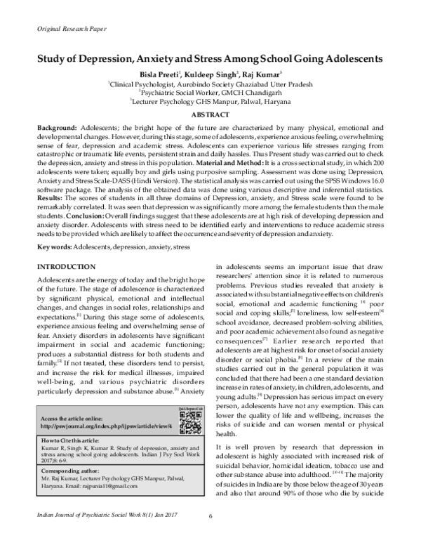 (PDF) Study of Depression, Anxiety and Stress Among School Going ...