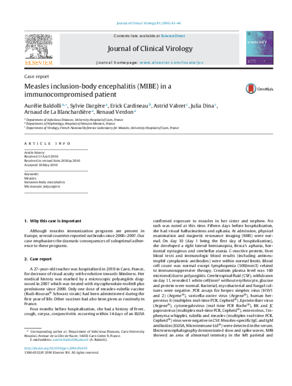 (PDF) Measles inclusion-body encephalitis (MIBE) in a immunocompromised ...