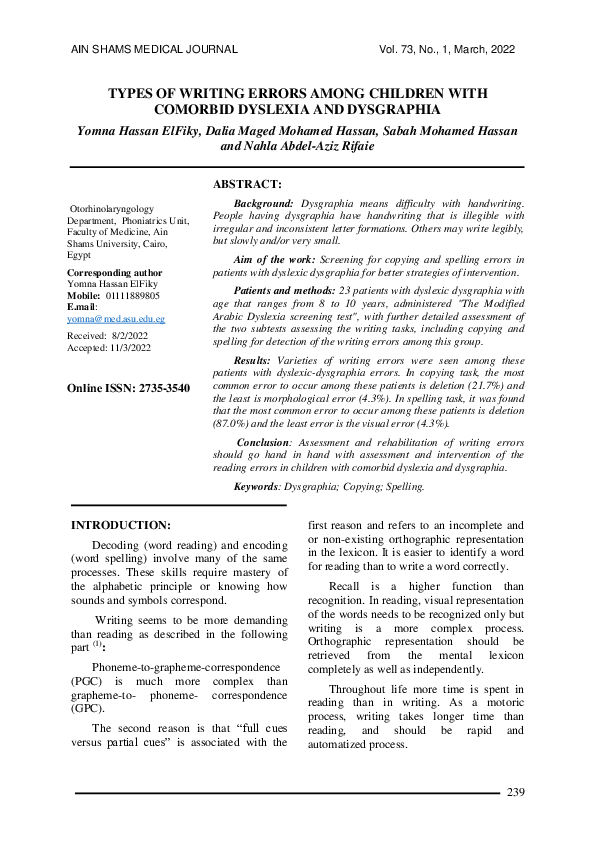 (PDF) Types of Writing Errors Among Children with Comorbid Dyslexia and ...