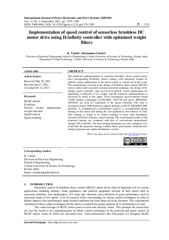(PDF) Implementation of speed control of sensorless brushless DC motor ...
