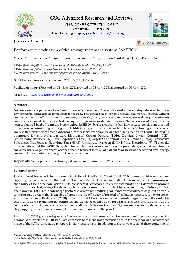 (PDF) Performance evaluation of the sewage treatment system SANEBOX