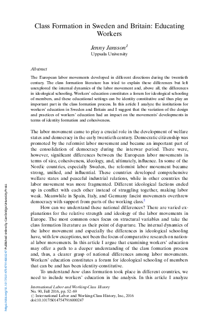 (PDF) Class Formation in Sweden and Britain: Educating Workers