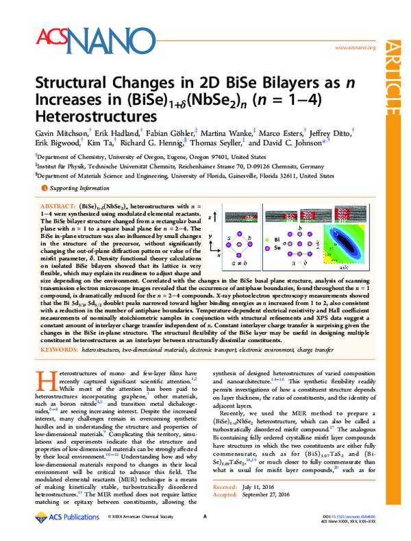 (PDF) Structural Changes in 2D BiSe Bilayers as n Increases in (BiSe)1 ...
