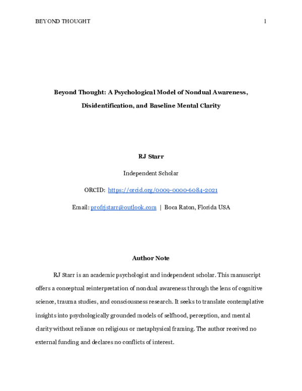 (PDF) Beyond Thought: A Psychological Model of Nondual Awareness ...