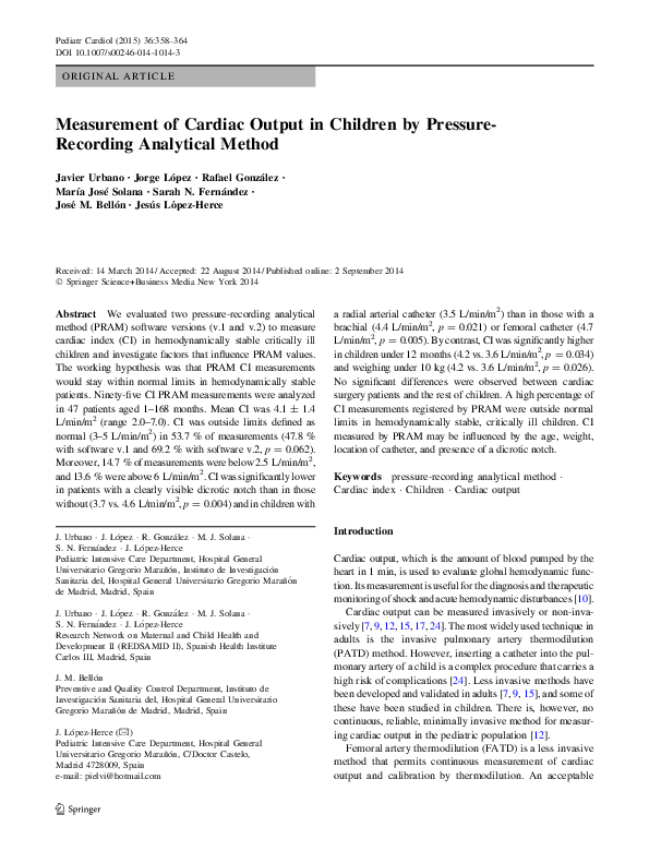 (PDF) Measurement of Cardiac Output in Children by Pressure-Recording ...