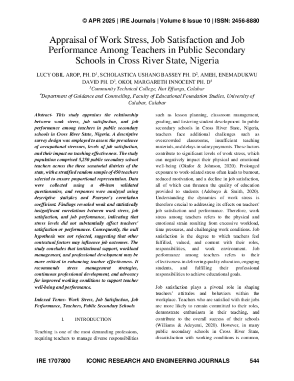 (PDF) Appraisal of Work Stress, Job Satisfaction and Job Performance ...