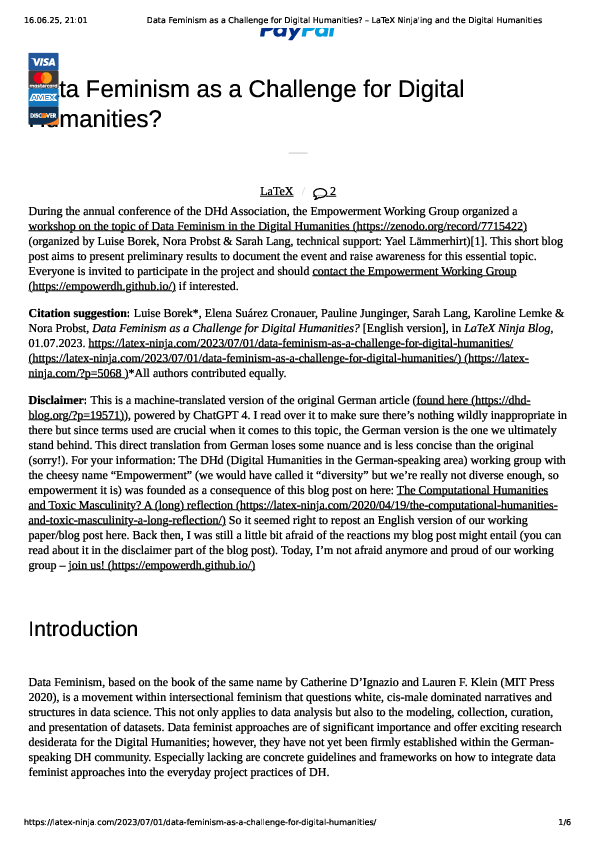 (PDF) Data Feminism as a Challenge for Digital Humanities