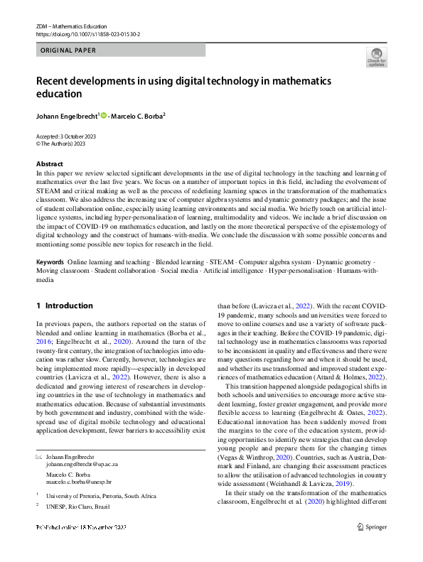 (PDF) Recent developments in using digital technology in mathematics ...