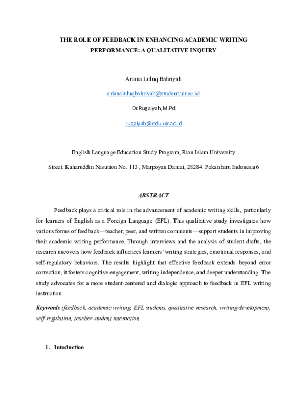 (PDF) THE ROLE OF FEEDBACK IN ENHANCING ACADEMIC WRITING PERFORMANCE: A ...