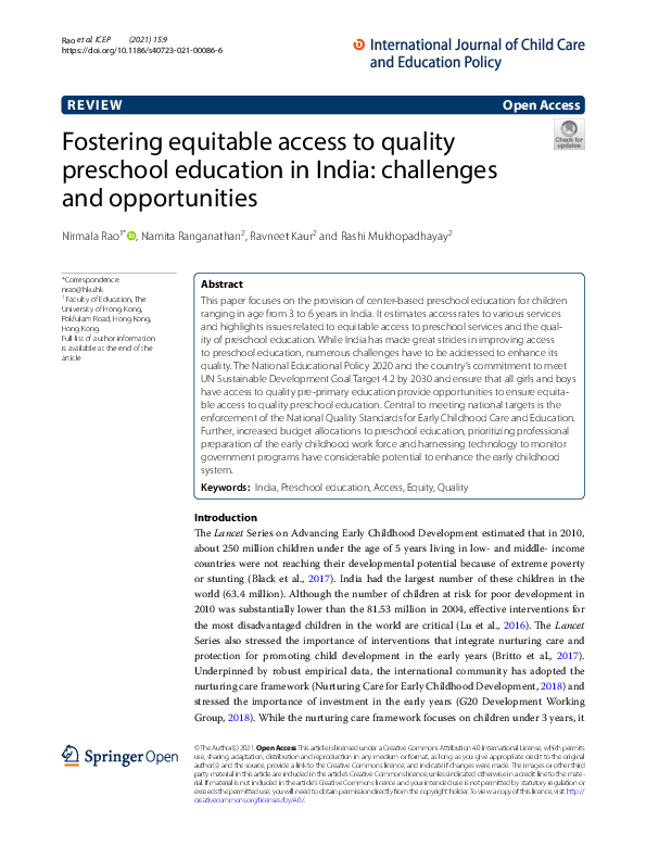(PDF) Fostering equitable access to quality preschool education in ...