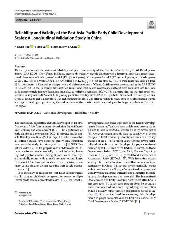 (PDF) Reliability and Validity of the East Asia-Pacific Early Child ...