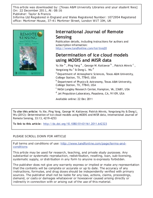 (PDF) Determination of ice cloud models using MODIS and MISR data