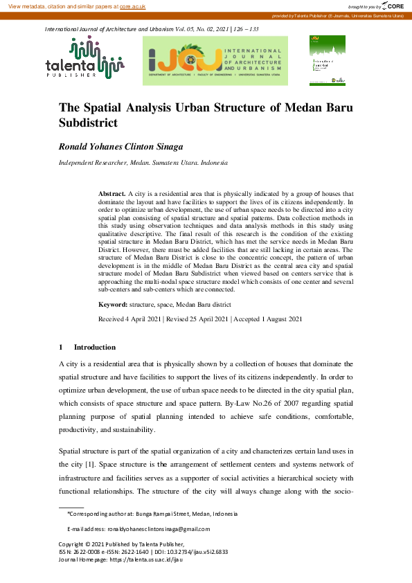 (PDF) The Spatial Analysis Urban Structure of Medan Baru Subdistrict