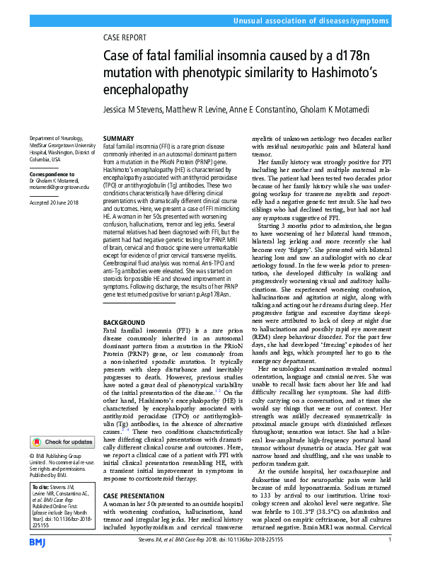 (PDF) Case of fatal familial insomnia caused by a d178n mutation with ...