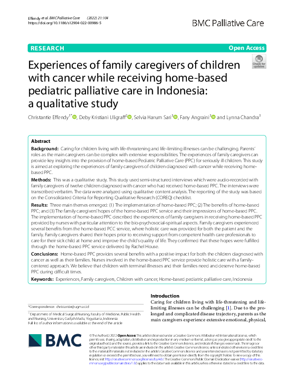 (PDF) Experiences of family caregivers of children with cancer while ...