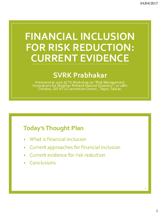 (PDF) Financial Inclusion for Risk Reduction: Current Evidence