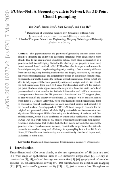 (PDF) PUGeo-Net: A Geometry-centric Network for 3D Point Cloud Upsampling