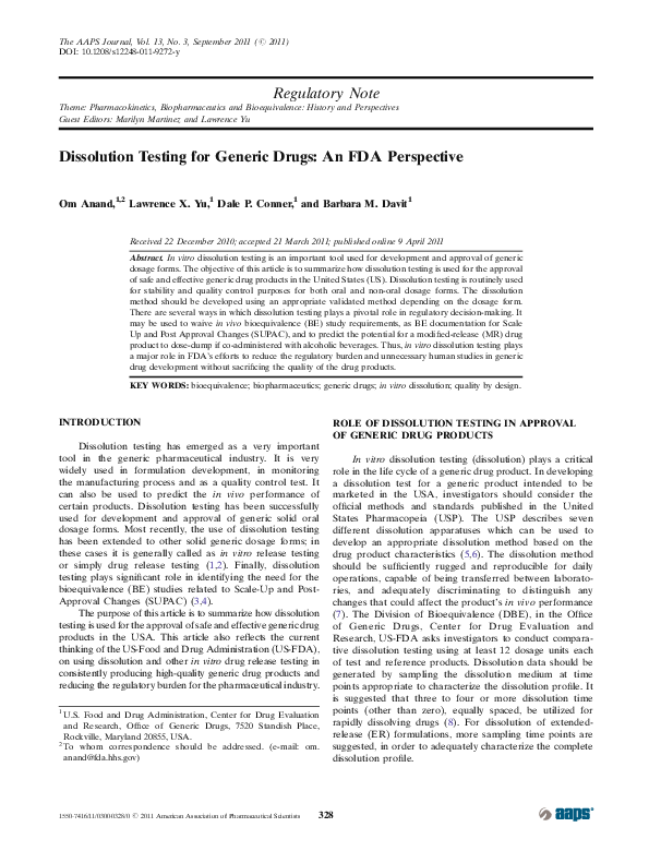 (PDF) Dissolution Testing for Generic Drugs: An FDA Perspective