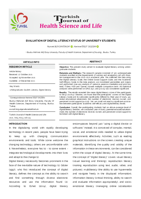 (PDF) Evaluation of Digital Literacy Status of University Students